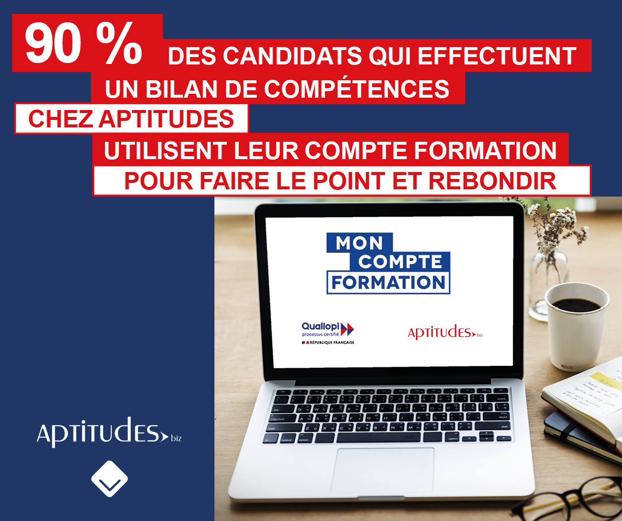 90% des candidats qui effectuent un bilan de compétences chez Aptitudes utilisent leur compte formation pour faire le point et rebondir 